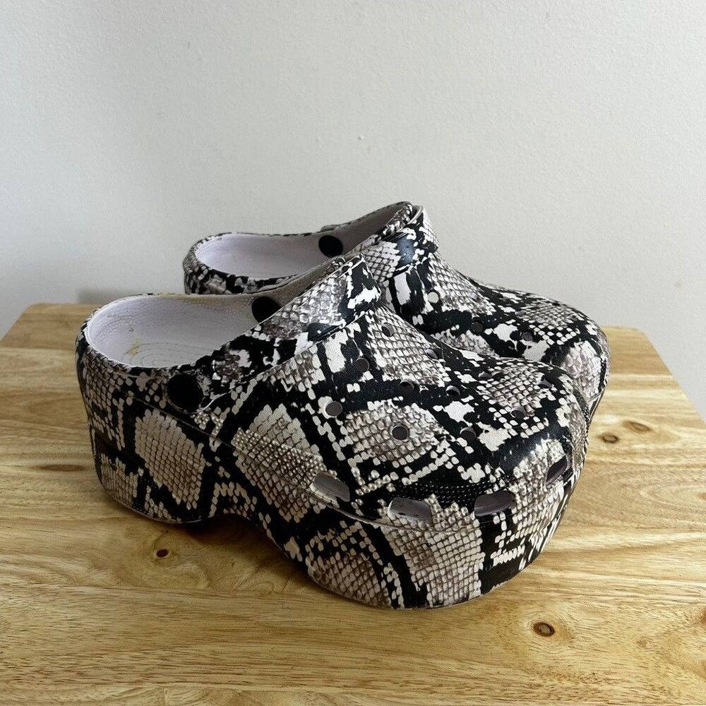 Gardener Platform Clog Shoes Womens Size 7 M Snakeskin Print Black White Slip On